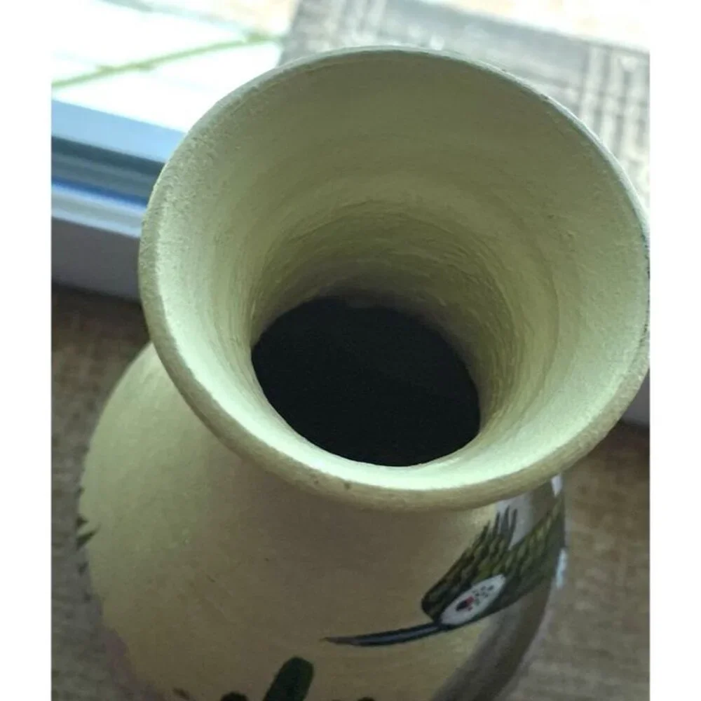 2007 Southwestern Roadrunner Cactus Painted Yellow Vase Signed